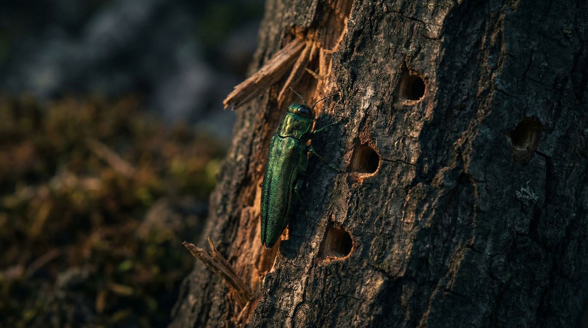Emerald ash borer beetle on ash tree bark showing D-shaped exit holes