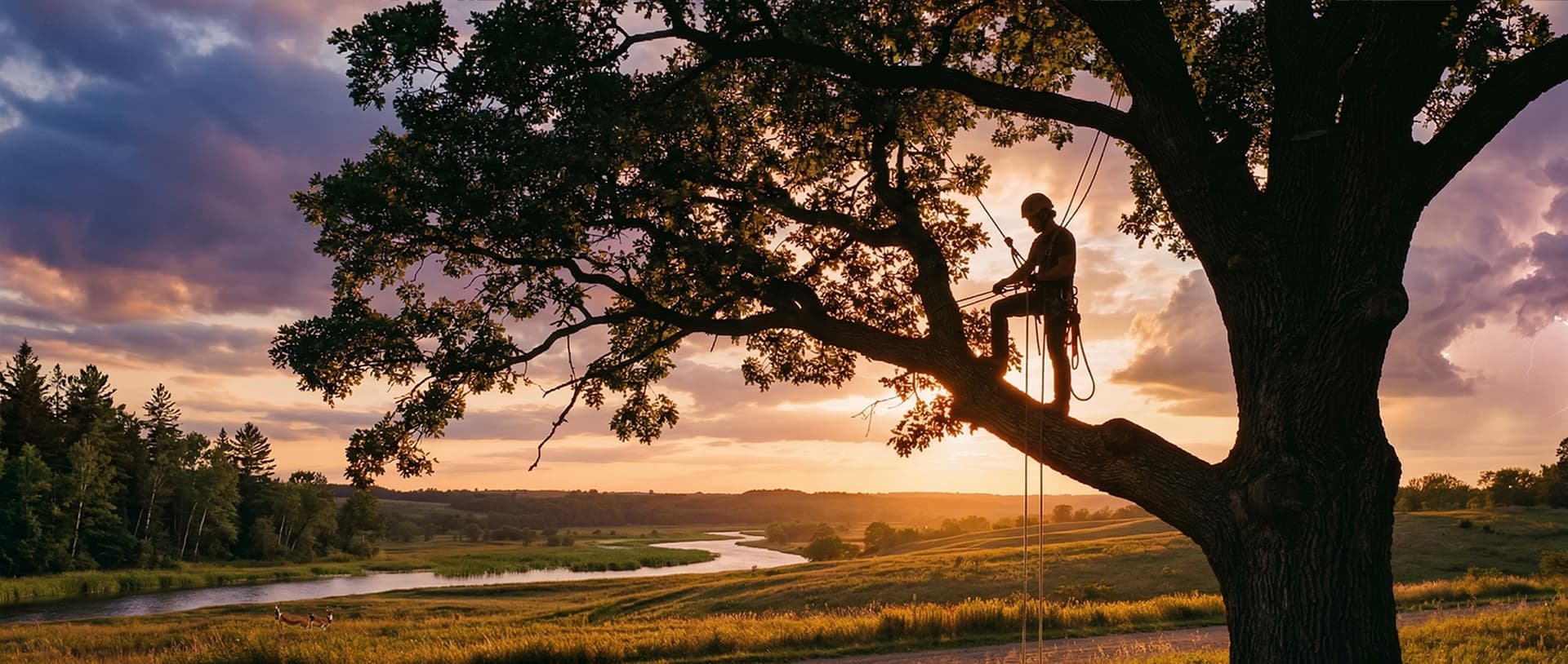 Certified arborist inspecting a mature oak tree at golden hour in Minnesota